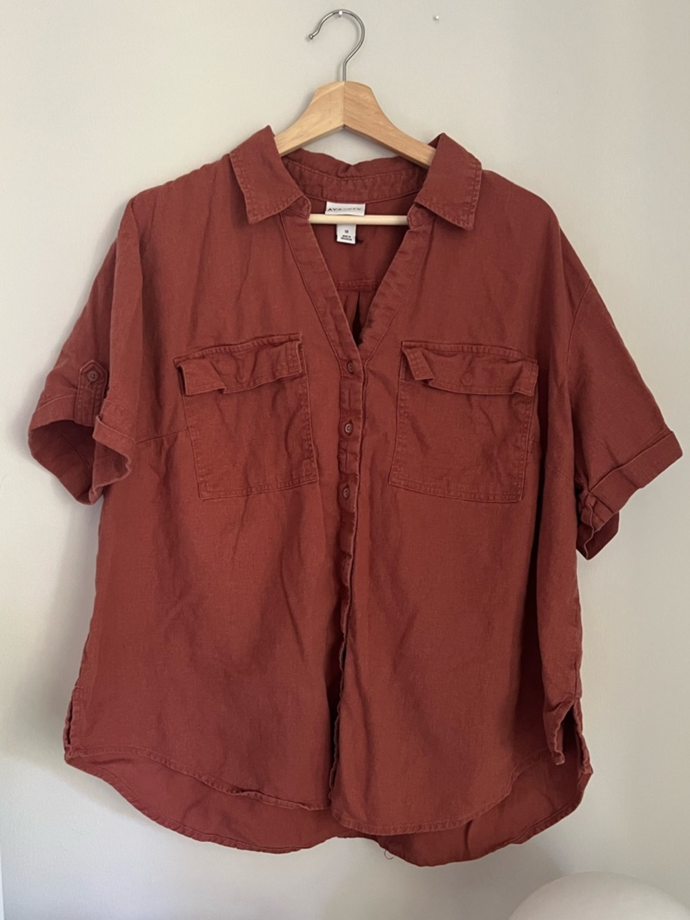 Ava & Viv Button Front Short Sleeve Shirt in Rust Orange